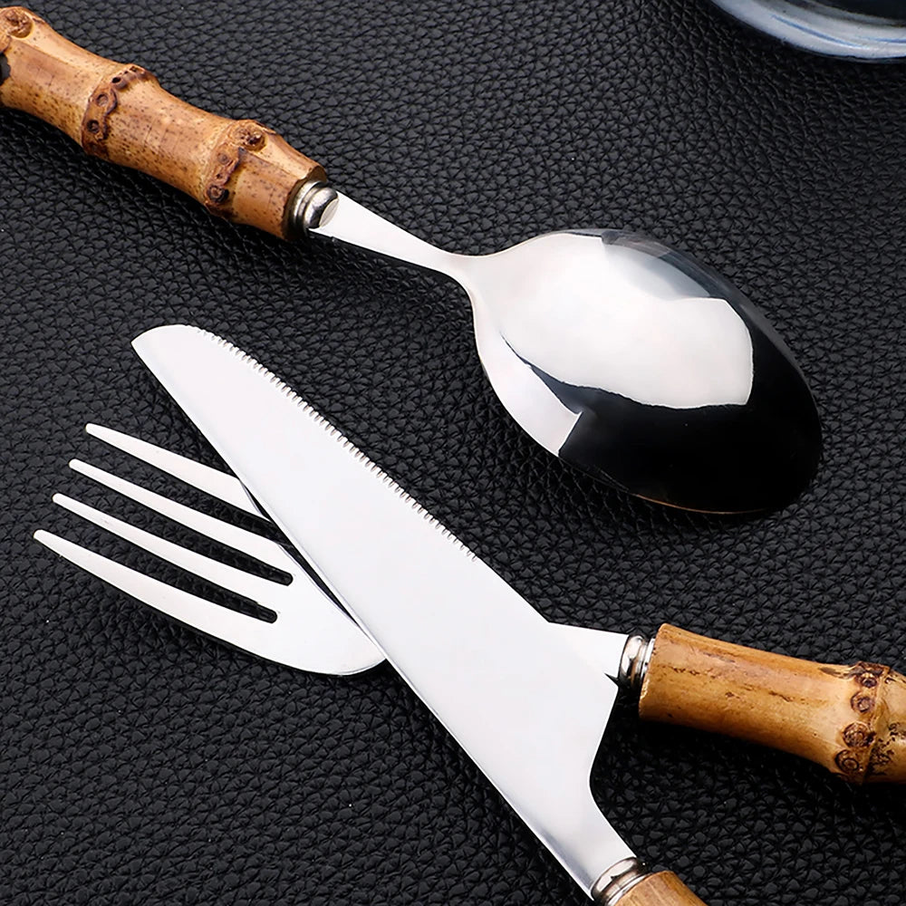 24-Piece Bamboo & Stainless Steel Cutlery Set - Elegant Dining
