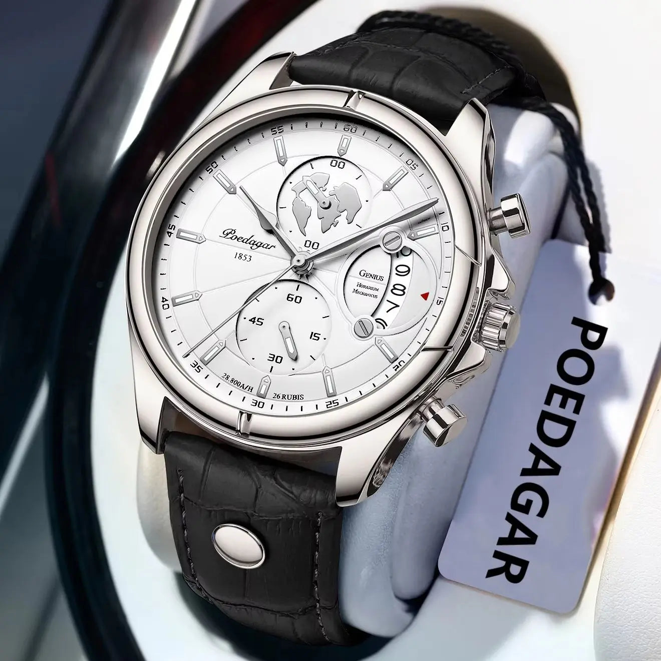 POEDAGAR Luxury Chronograph Watch for Men - Waterproof, Leather Strap, Date