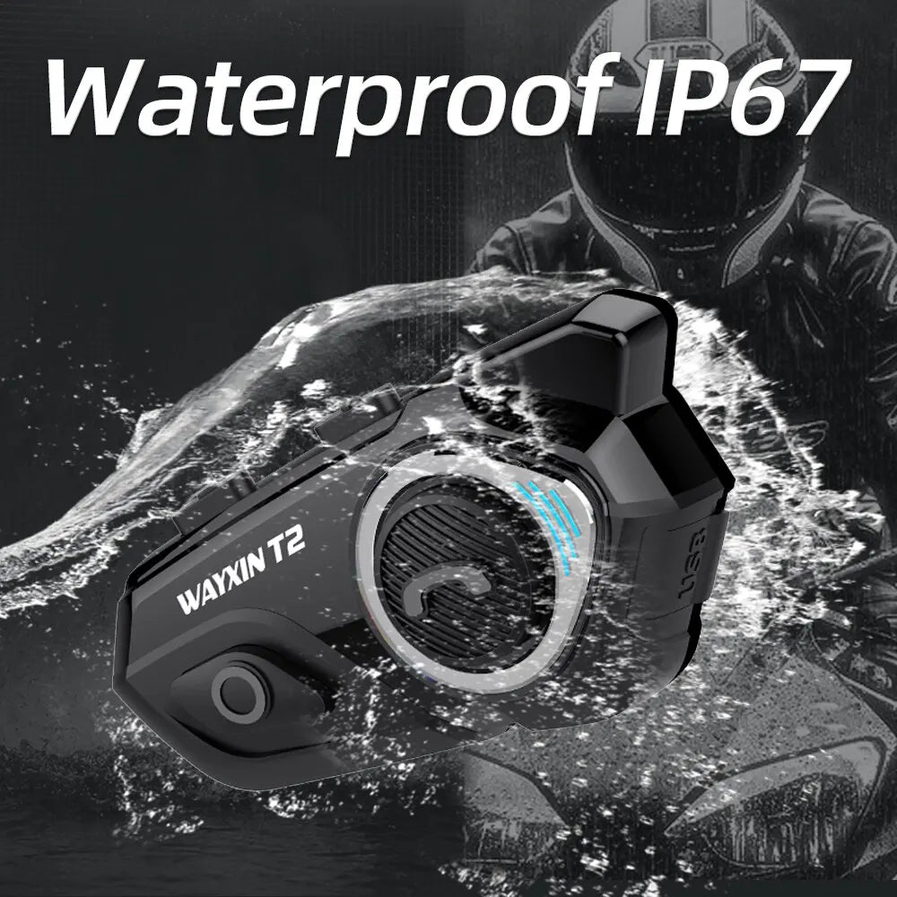 WAYXIN T2 Motorcycle Bluetooth Intercom - 2 Rider, 300M, BT 5.1, Waterproof Headset