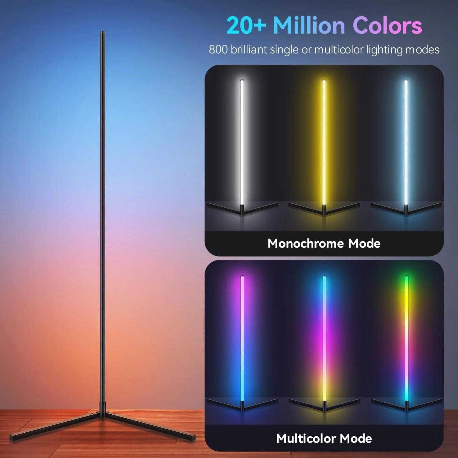Smart RGB LED Corner Floor Lamp - App & Remote, 16M Colors, 63in