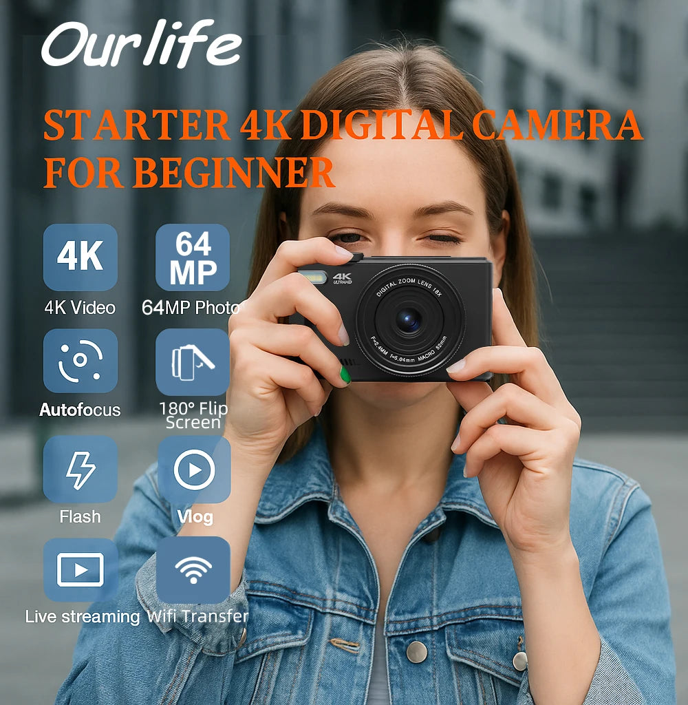 Ourlife AC600 4K 64MP Digital Vlogging Camera