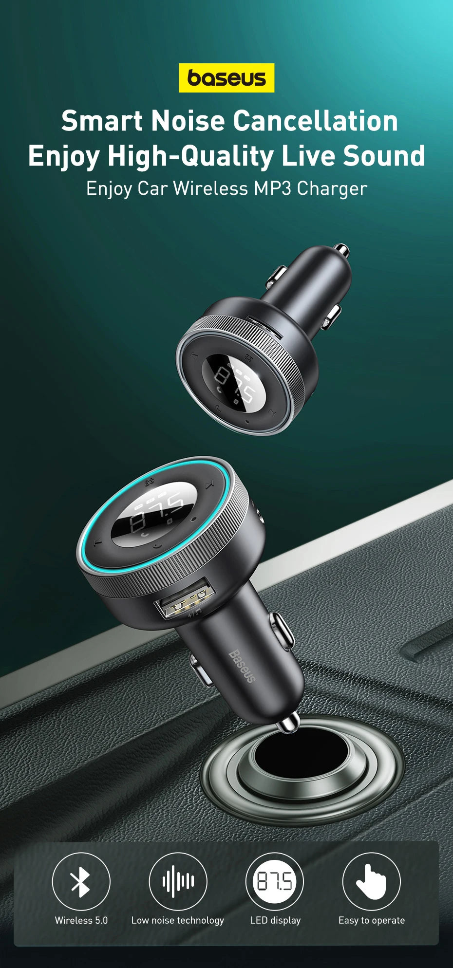 Baseus Bluetooth 5.0 FM Transmitter & Car Charger | Wireless Audio Hands-Free