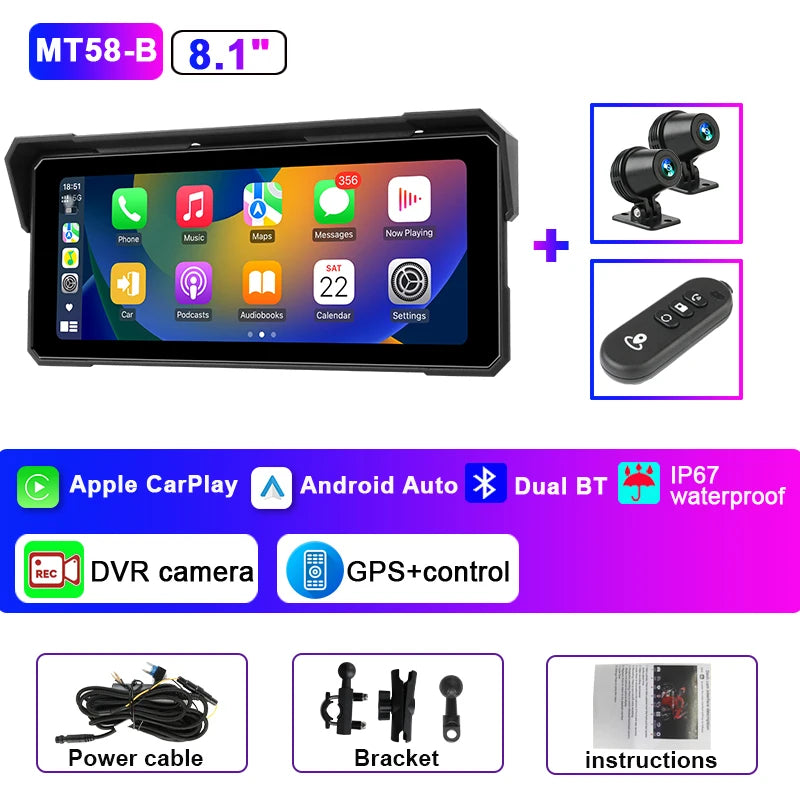 Jansite 8.1" 4K Motorcycle DVR Monitor with CarPlay & GPS