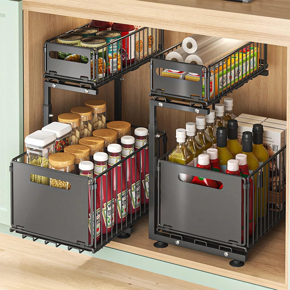2-Tier Pull-Out Cabinet Organizer - Adjustable Under Sink Storage & Spice Rack