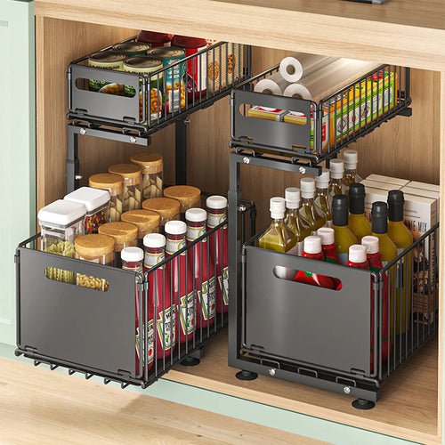 2-Tier Pull-Out Cabinet Organizer - Adjustable Under Sink Storage & Spice Rack