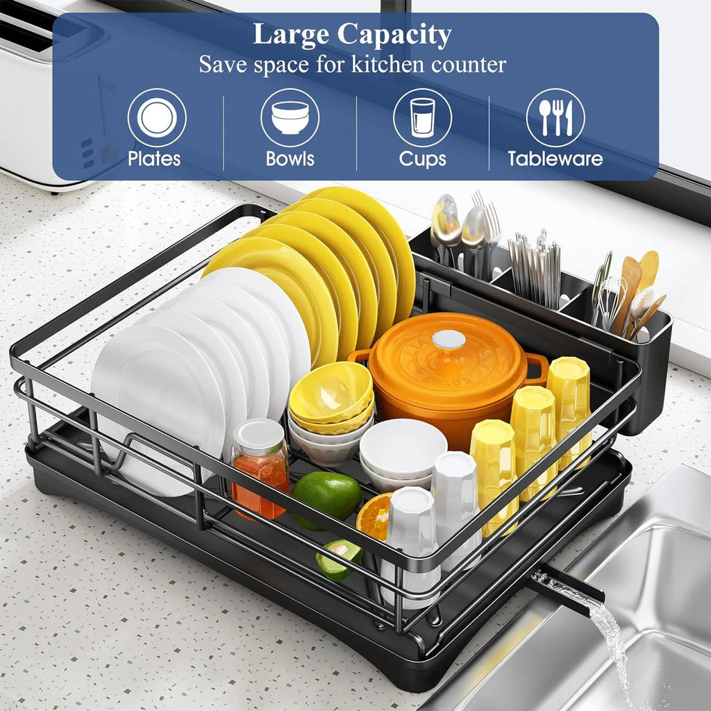 Large Rustproof Dish Drying Rack for Kitchen Counter with Drainboard & Utensil Holder
