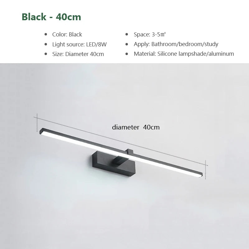 Vabena Modern LED Bathroom Wall Light - Three Color Aluminum Mirror Lamp
