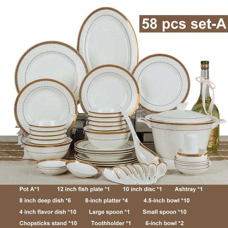 Luxury 58-Pc Gold Rim Bone China Dinnerware Set - Elegant Dining
