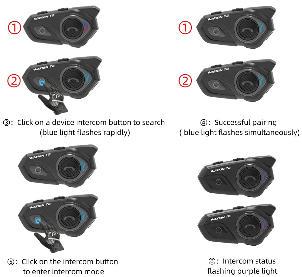 WAYXIN T2 Motorcycle Bluetooth Intercom - 2 Rider, 300M, BT 5.1, Waterproof Headset