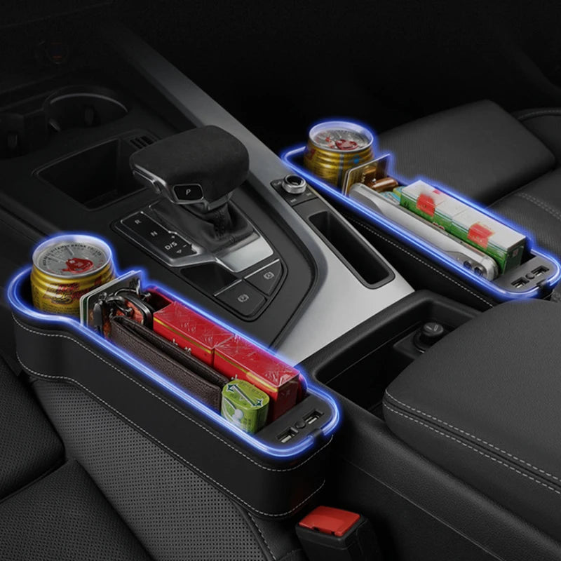 Car Seat Gap Organizer with Dual USB Charger & LED – Phone, Card, Cup Holder