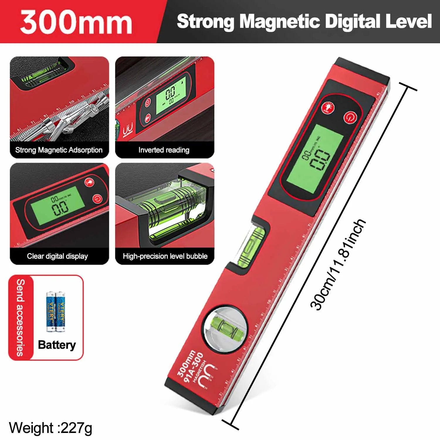 Digital Level Ruler & Angle Meter - Magnetic Aluminum Protractor 30/40/50cm