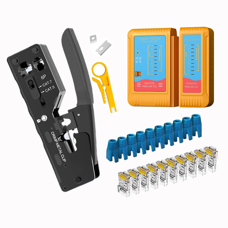 Vabena RJ45 RJ12 RJ11 Pass Through Crimp Tool & Stripper Kit | Cat5e-Cat7 Ethernet Crimper