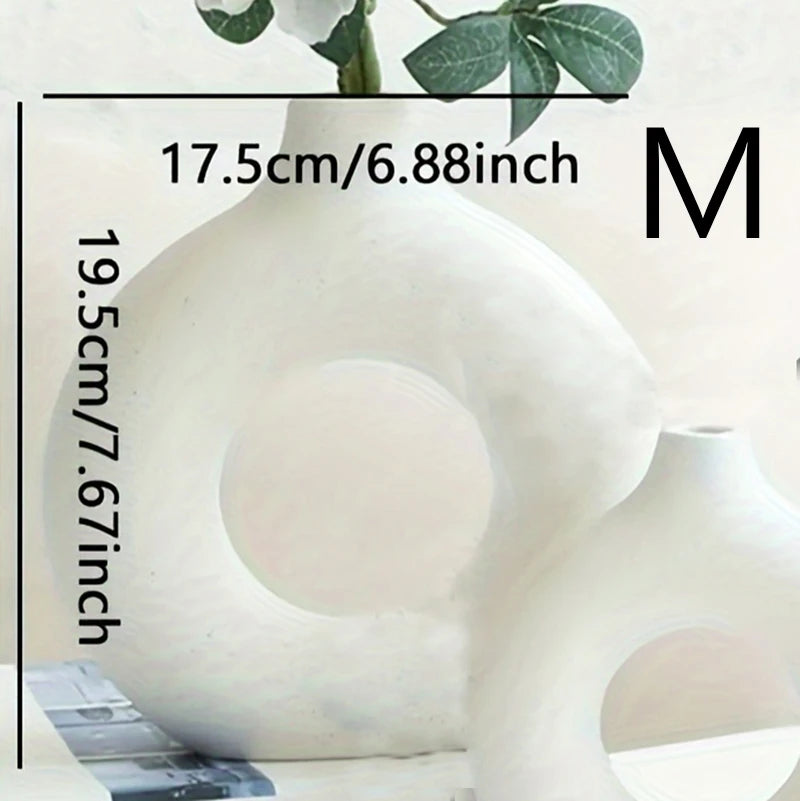 Modern Boho Ceramic Donut Vase - White & Beige Decor