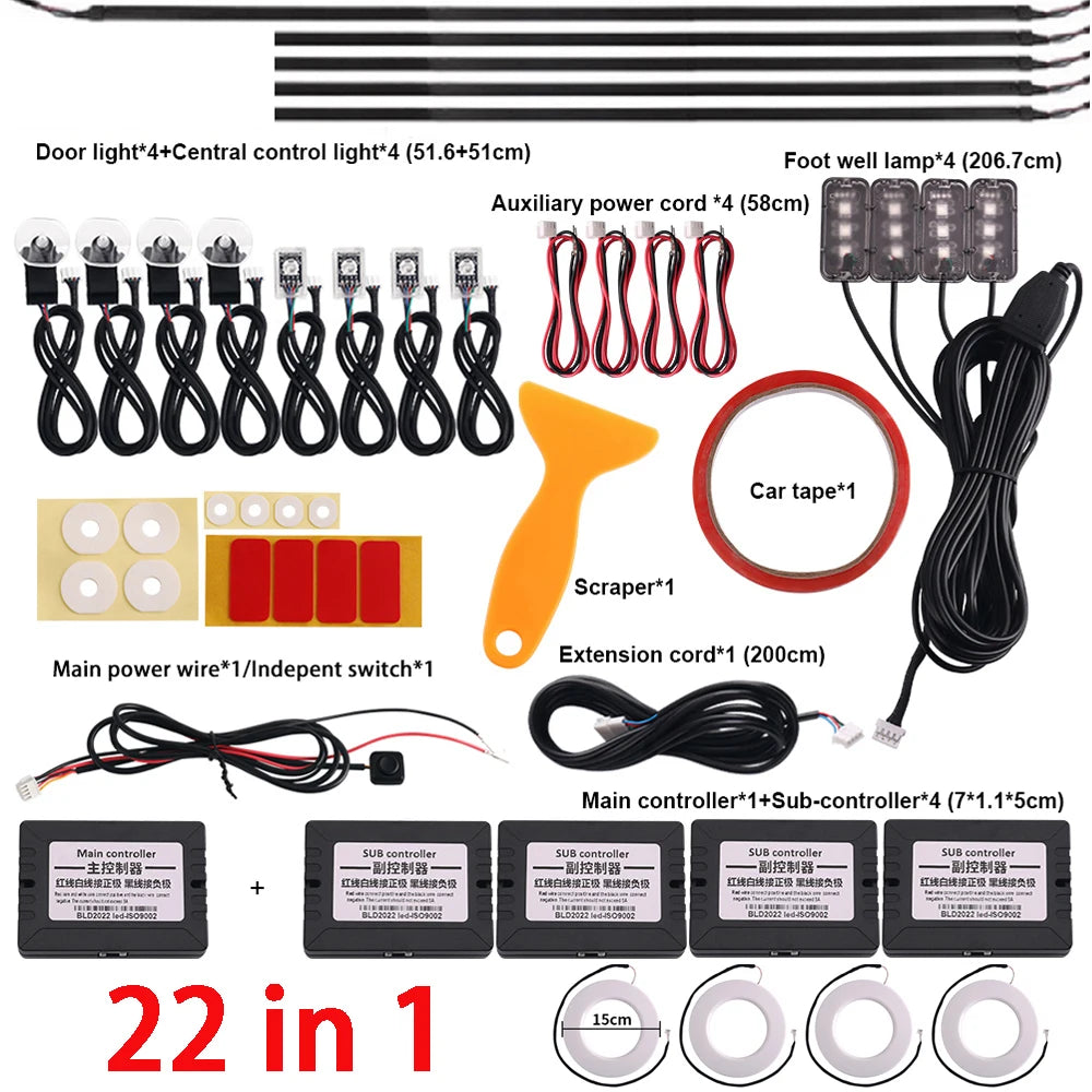 18-in-1 Car Interior RGB Ambient Light Kit - 64 Colors, App Controlled Symphony Lighting
