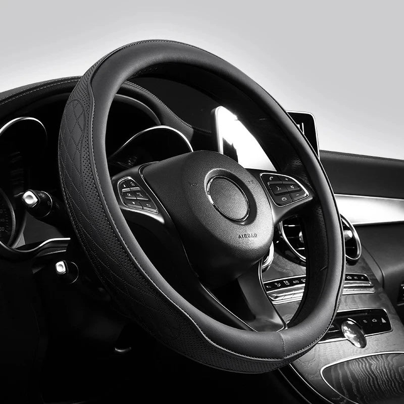 Embossed PU Leather Patchwork Steering Wheel Cover - Non-Slip & Breathable (15 inch/38cm)