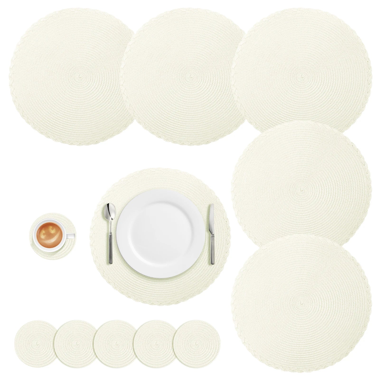 Elegant Round Braided Placemats - Set of 6 Table Mats & Coasters