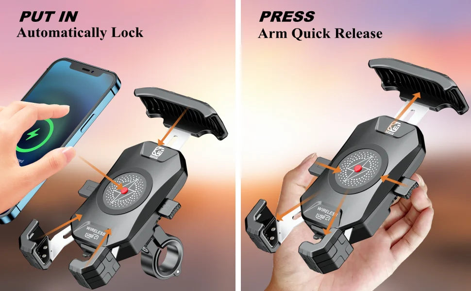 Motorcycle Phone Holder with Fast Wireless & USB Charging | Handlebar & Mirror Mount