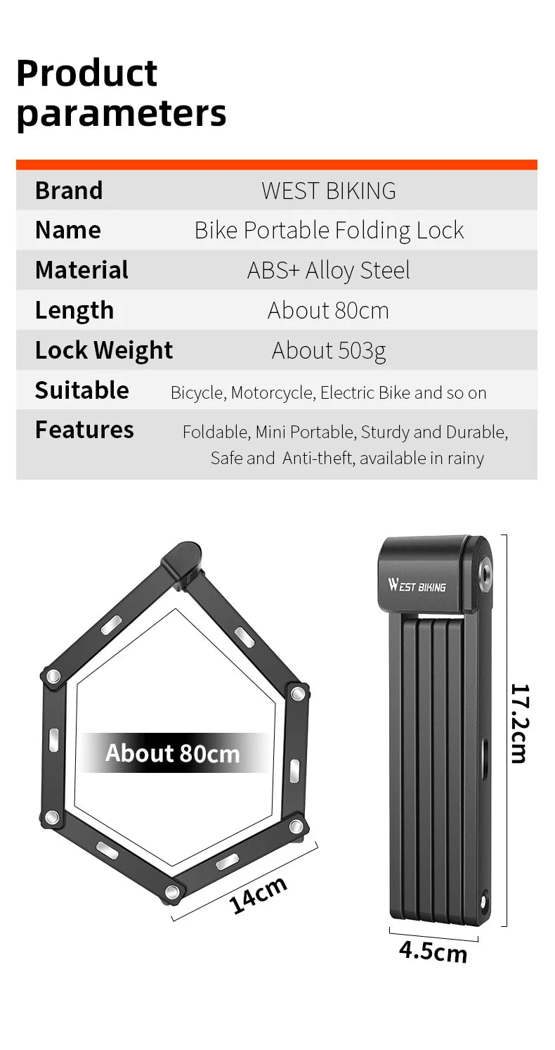 WEST BIKING Foldable Bike & Motorcycle Lock - Key & Password Security