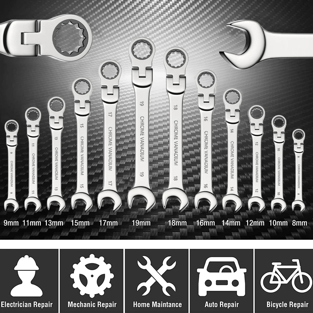 Ratcheting Flex Head Spanner Set | 6-23mm Metric Wrench Kit