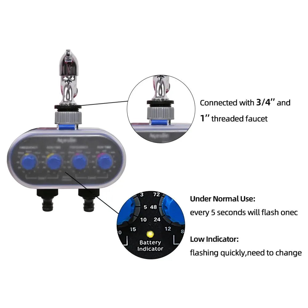 Automatic Garden Water Timer, 2 Outlet Ball Valve, 4 Dials, 0 Pressure Irrigation Controller for Yard