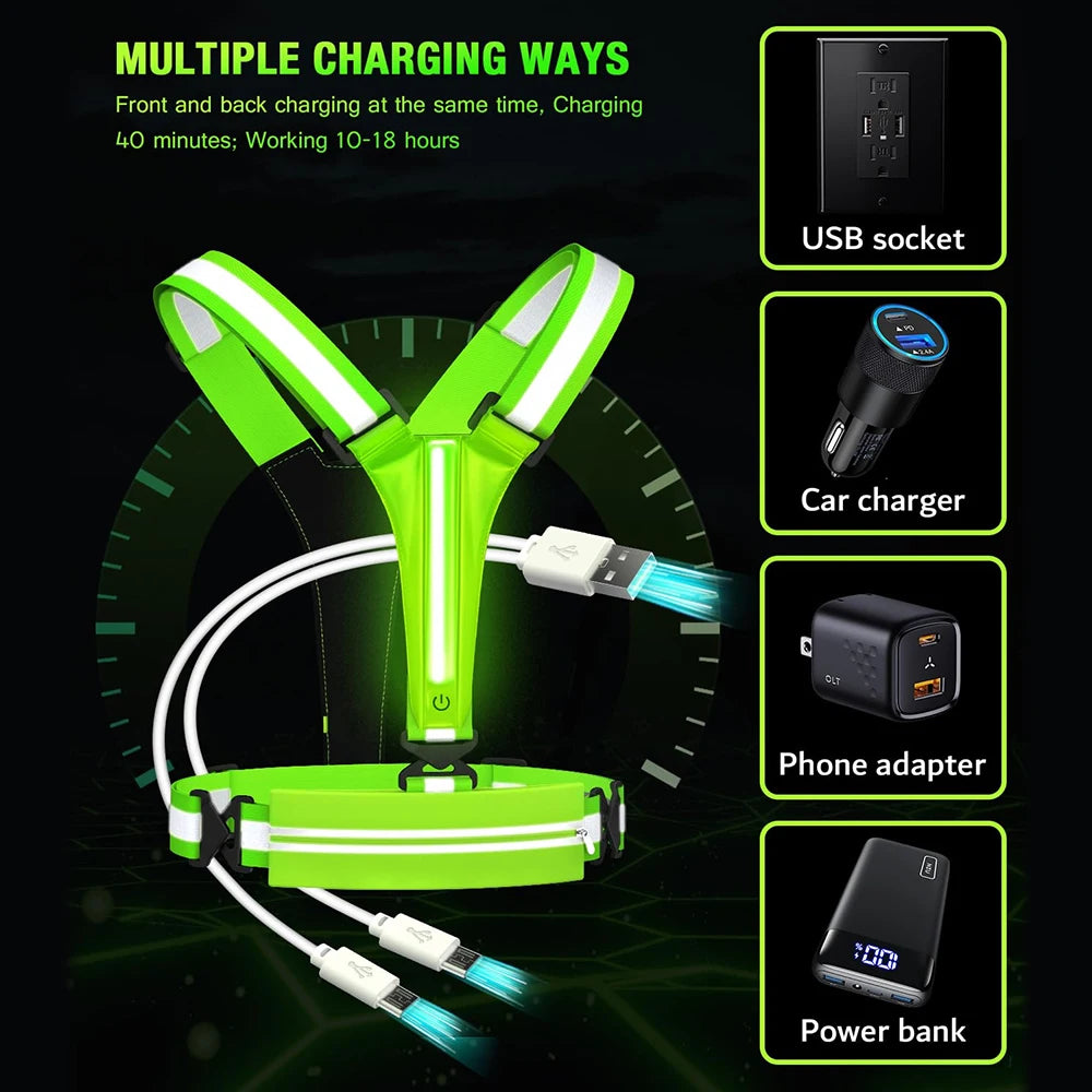 Vabena LED Reflective Running Vest - USB Rechargeable & Waterproof Phone Pouch