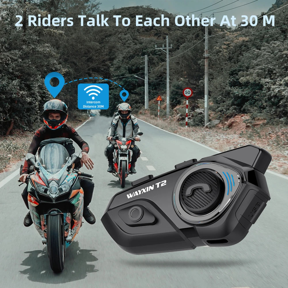 WAYXIN T2 Motorcycle Bluetooth Intercom - 2 Rider, 300M, BT 5.1, Waterproof Headset