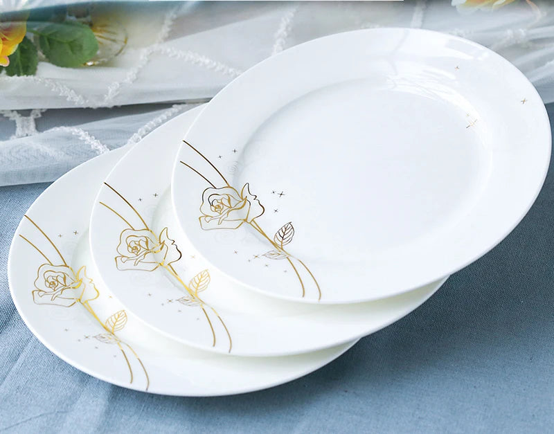 Vabena Gold Rose Bone China Dinner Plates Set - 8-Inch Elegant Tableware