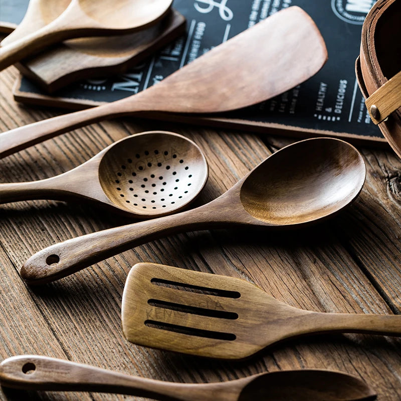 9-Piece Teak Wooden Cooking Utensil Set with Holder