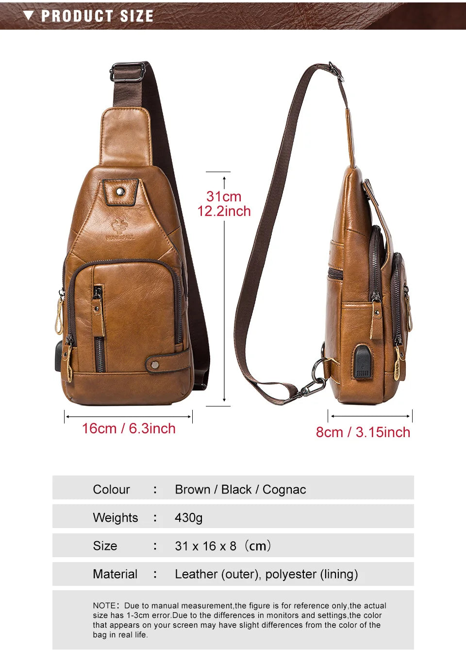 HUMERPAUL Men's Genuine Leather USB Crossbody Chest Bag - Travel & Fashion