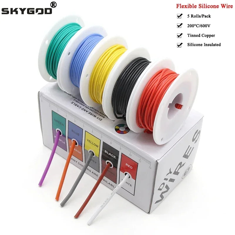 Heat Resistant Flexible Silicone Wire Kit - 5 Colors, Multi-Gauge AWG, Tinned Copper