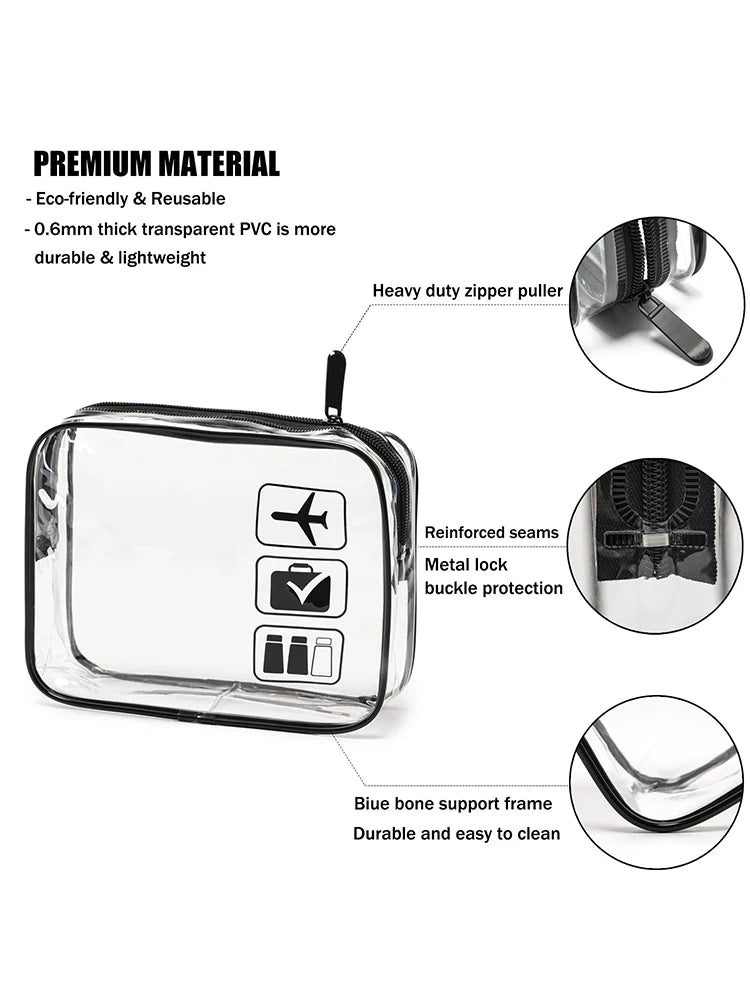 Vabena 3 Pcs Clear Travel Toiletry Bags - Airport Compliant Cosmetic Pouches