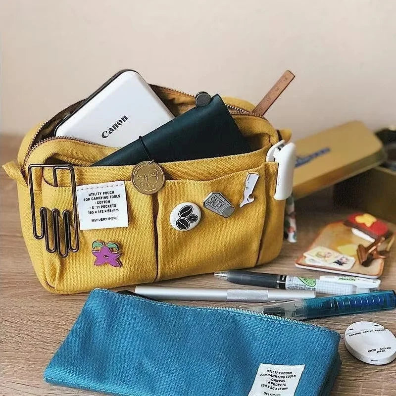 Large Capacity Canvas Pencil Case - Multi-Layer Storage for High School Students