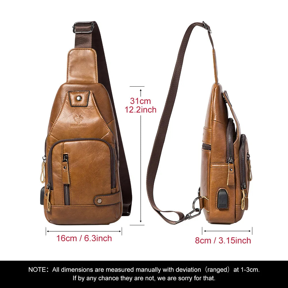 HUMERPAUL Men's Genuine Leather USB Crossbody Chest Bag - Travel & Fashion