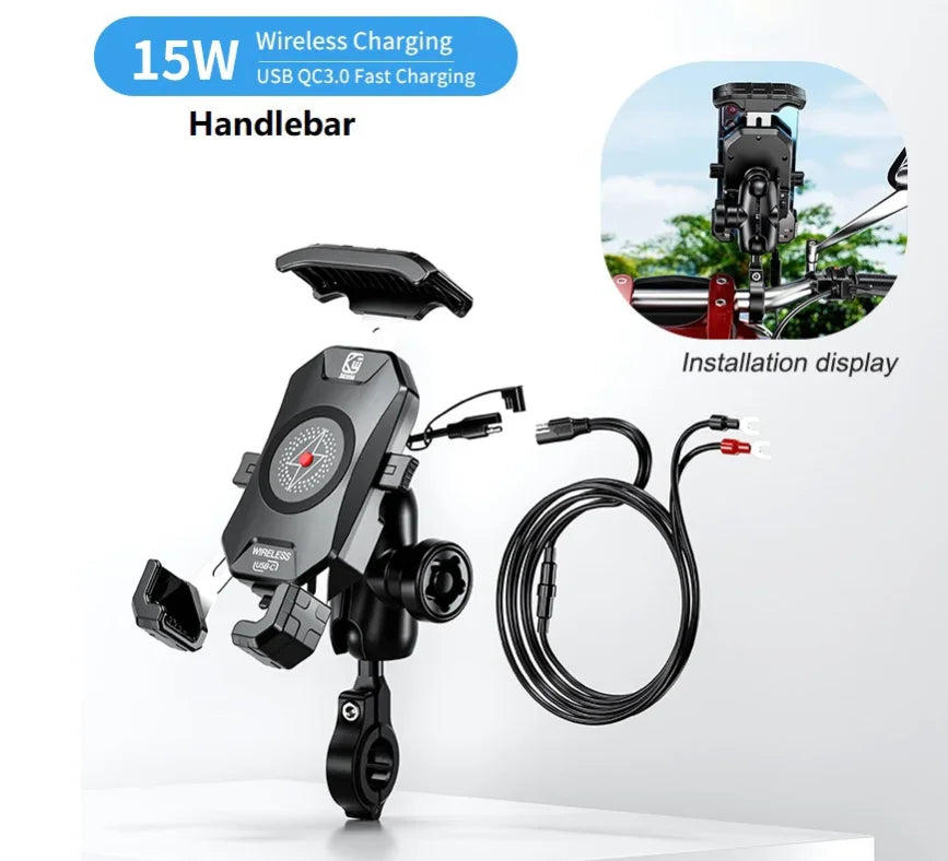 Motorcycle Phone Holder with Fast Wireless & USB Charging | Handlebar & Mirror Mount