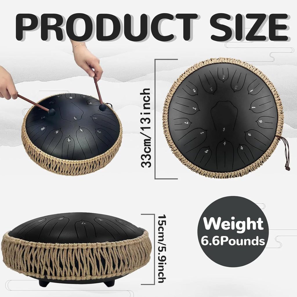 Hluru 13-inch Steel Tongue Drum - 15 Notes D Tone Glucophone Ethereal Percussion