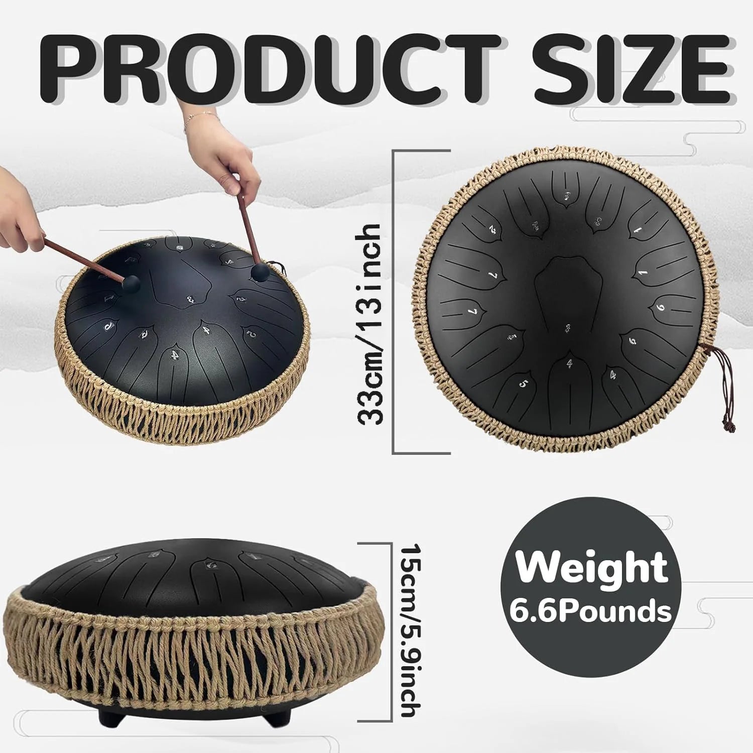 Hluru 13-inch Steel Tongue Drum - 15 Notes D Tone Glucophone Ethereal Percussion