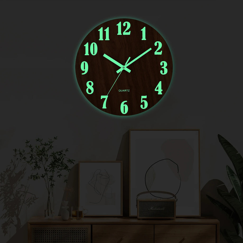 12-inch Luminous Silent Wood Wall Clock - Nordic Night Light Decor