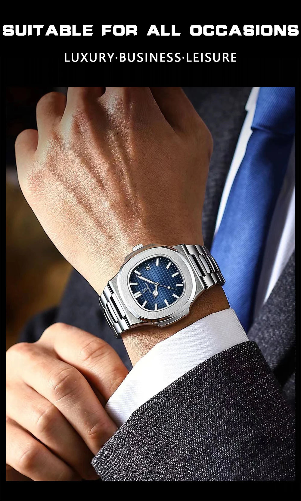 POEDAGAR Men's Square Luxury Quartz Watch - Waterproof, Luminous Date, Stainless Steel for Business & Sport