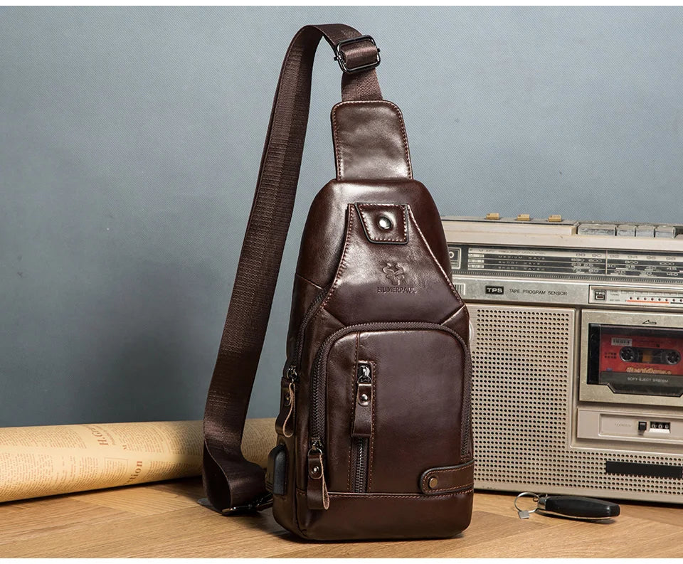 HUMERPAUL Men's Genuine Leather USB Crossbody Chest Bag - Travel & Fashion