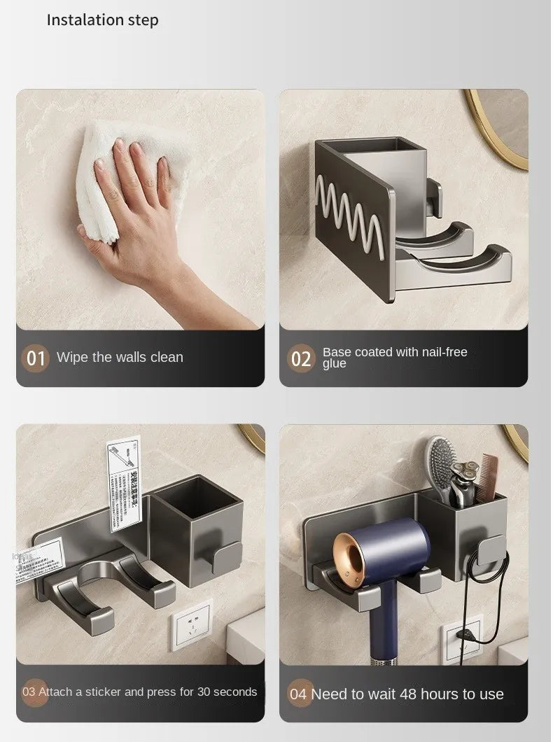 Wall Mounted Hair Dryer Holder with Storage - Bathroom Organizer Shelf