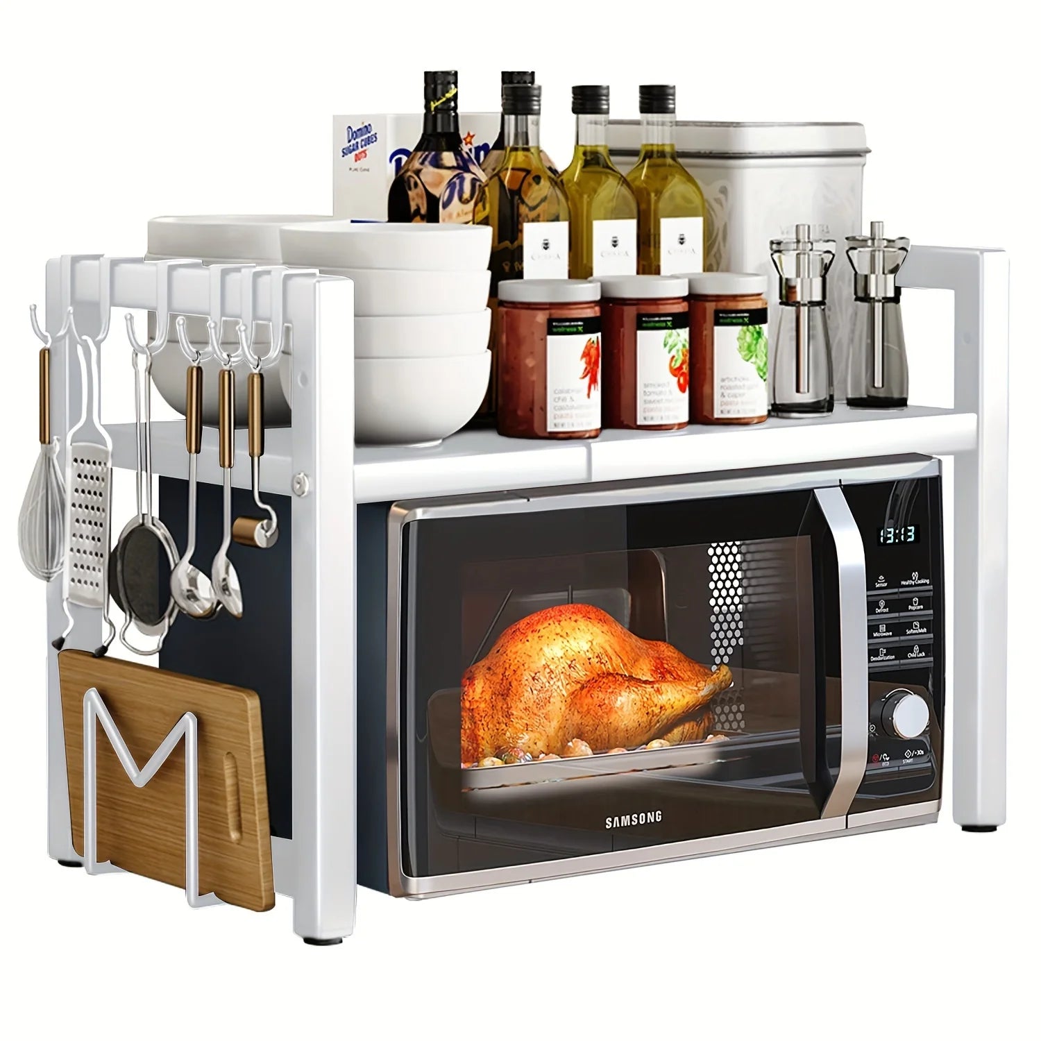 Expandable Microwave Shelf with 6 Hooks - Kitchen Storage Rack