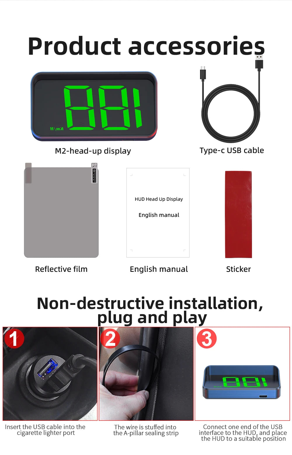 M2 HD Car HUD Windshield Projector | GPS Speedometer Display
