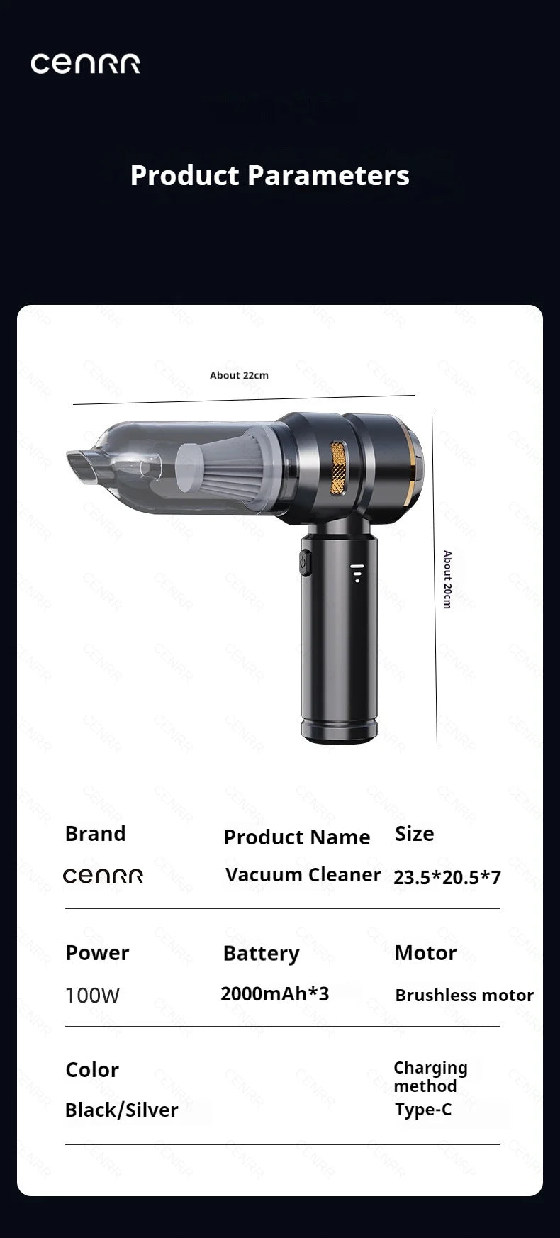 CENRR 998000PA Powerful Portable Wireless Car Vacuum & Robot