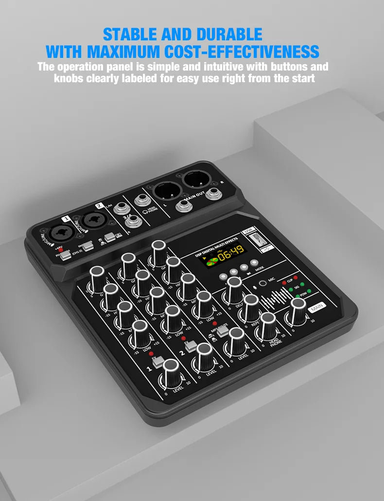 4-Channel Bluetooth Audio Mixer Console with 48V Phantom Power for USB Computer & Karaoke