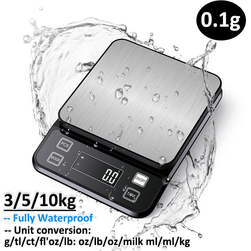 Digital Waterproof Stainless Steel Kitchen Scale - 3/5/10kg, 0.1g Precision