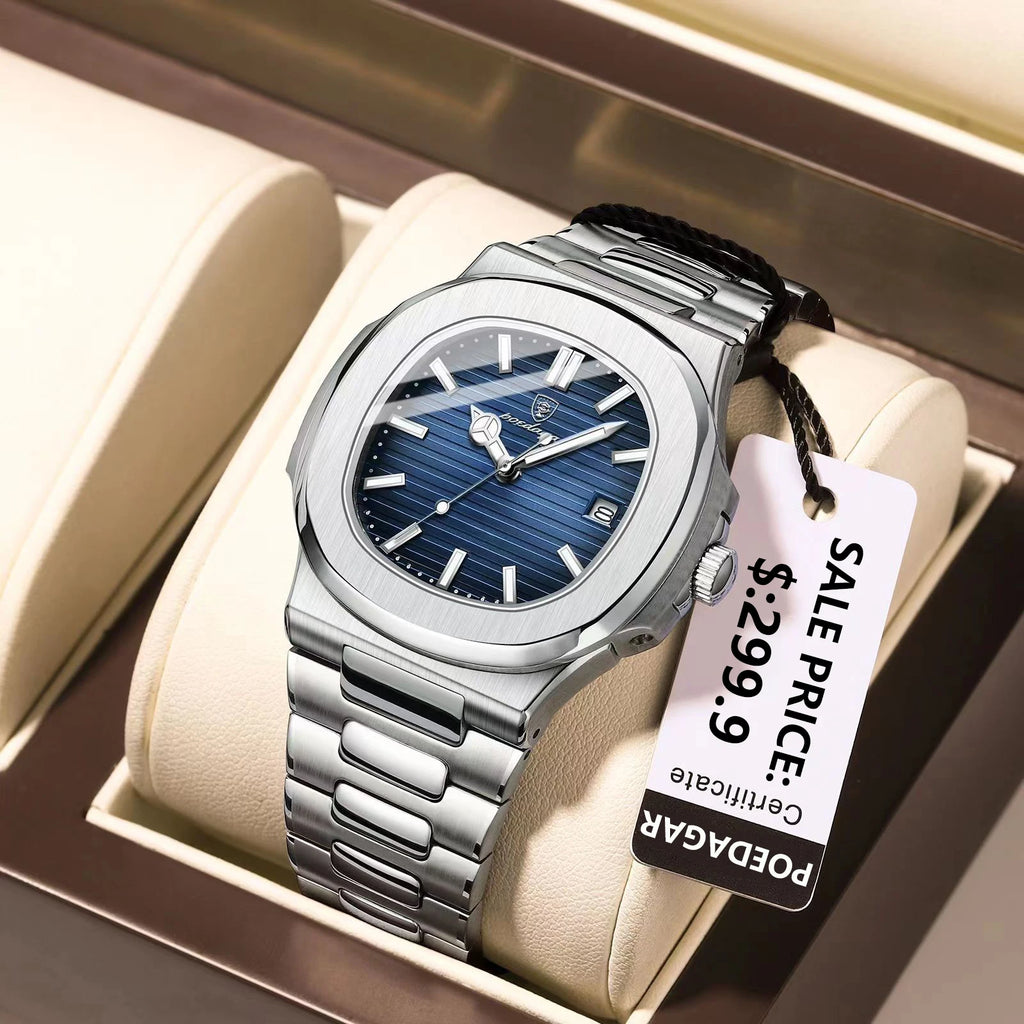 POEDAGAR Men's Square Luxury Quartz Watch - Waterproof, Luminous Date, Stainless Steel for Business & Sport