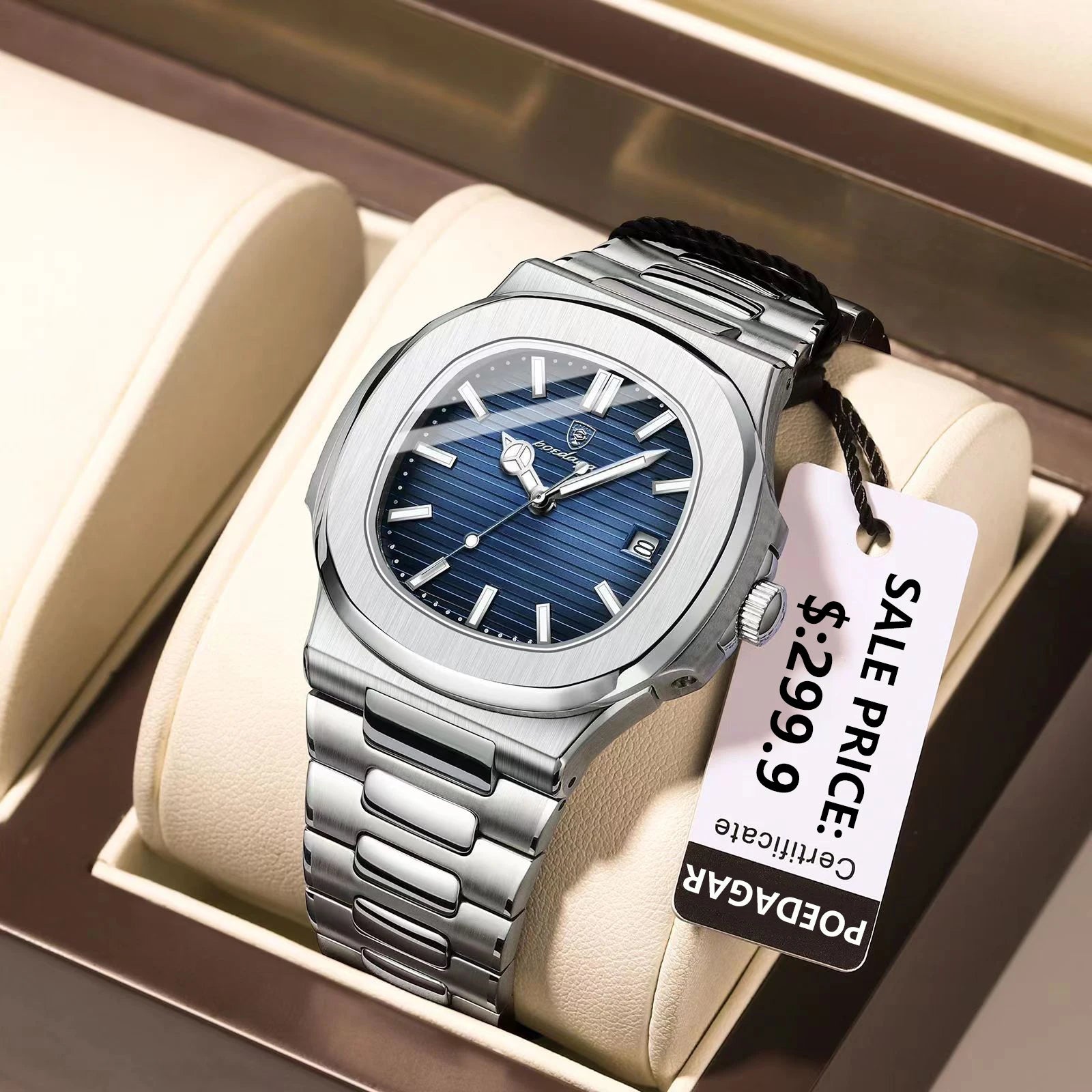 POEDAGAR Men's Square Luxury Quartz Watch - Waterproof, Luminous Date, Stainless Steel for Business & Sport