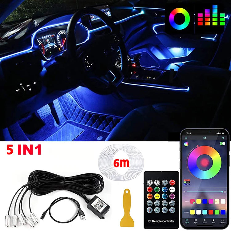 LED Car Interior Ambient Lighting Kit - RGB App Control Fiber Optic Strips