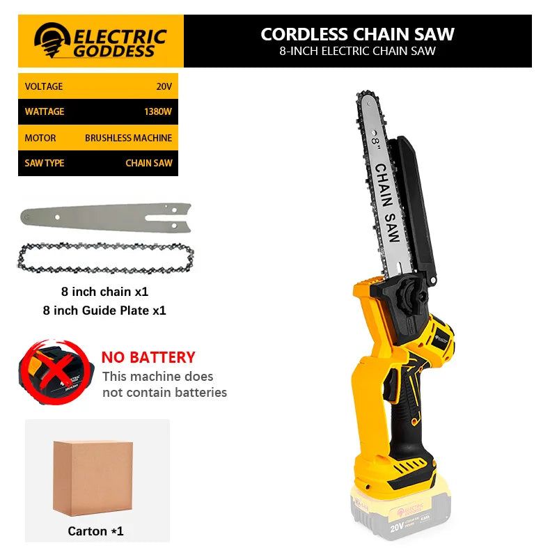 8-Inch 1380W Brushless Electric Chainsaw - Professional Pruning Saw for Dewalt 20V