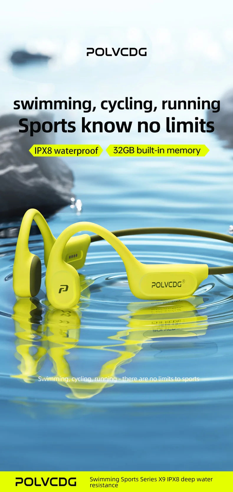 POLVCDG X9 Bone Conduction Headphones - 32GB IPX8 Waterproof